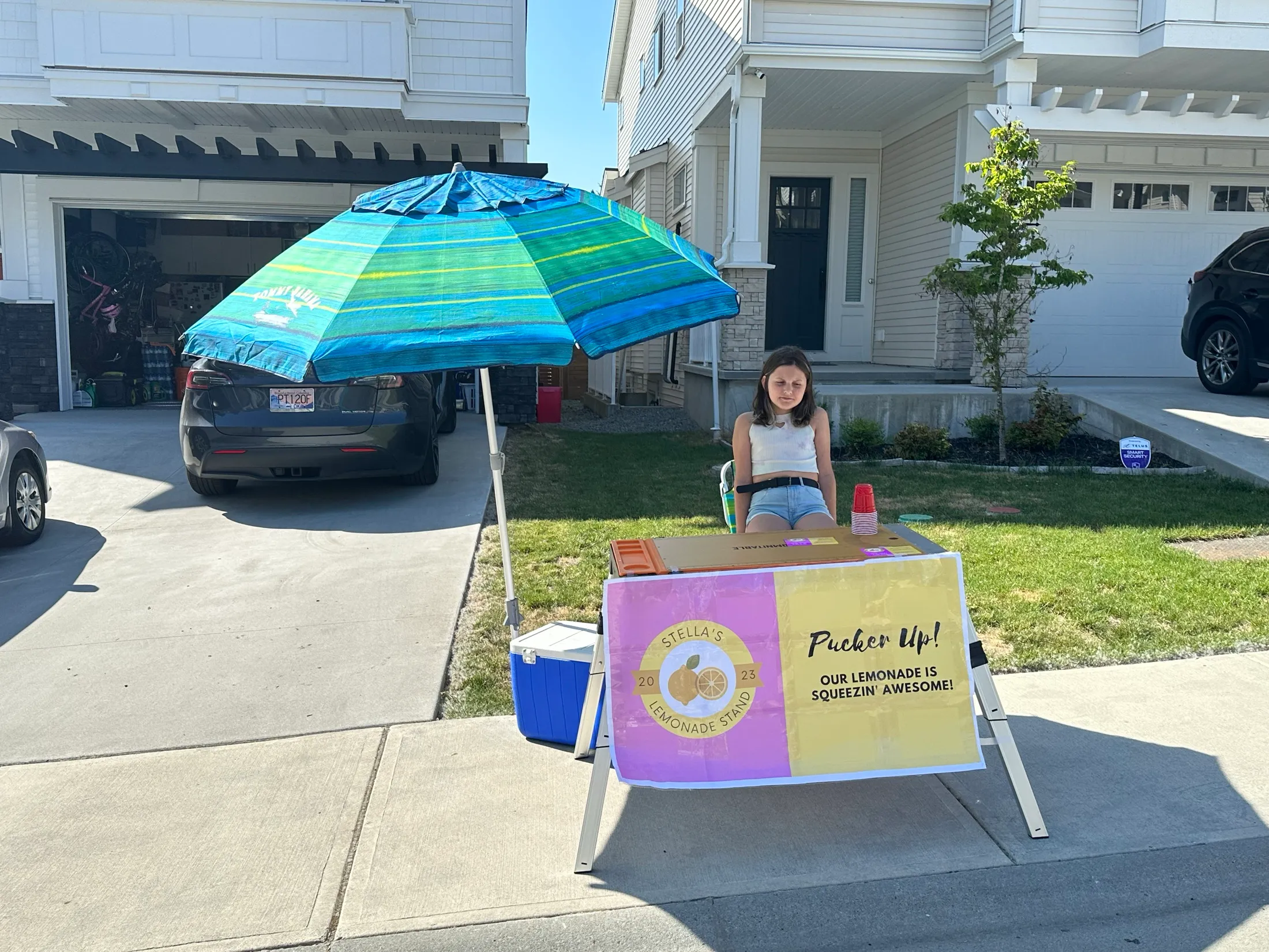 Stella relaxing at the stand, waiting for the next customer.