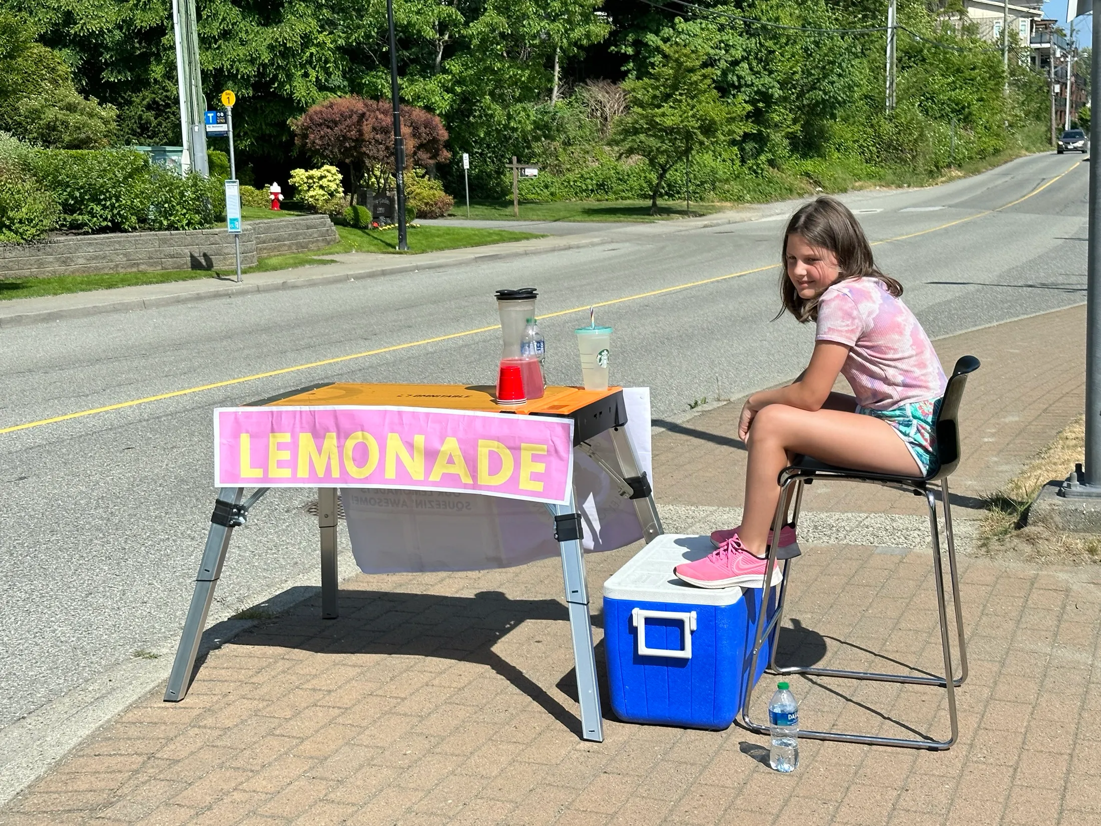 Wide view of the roadside stand with passing traffic.