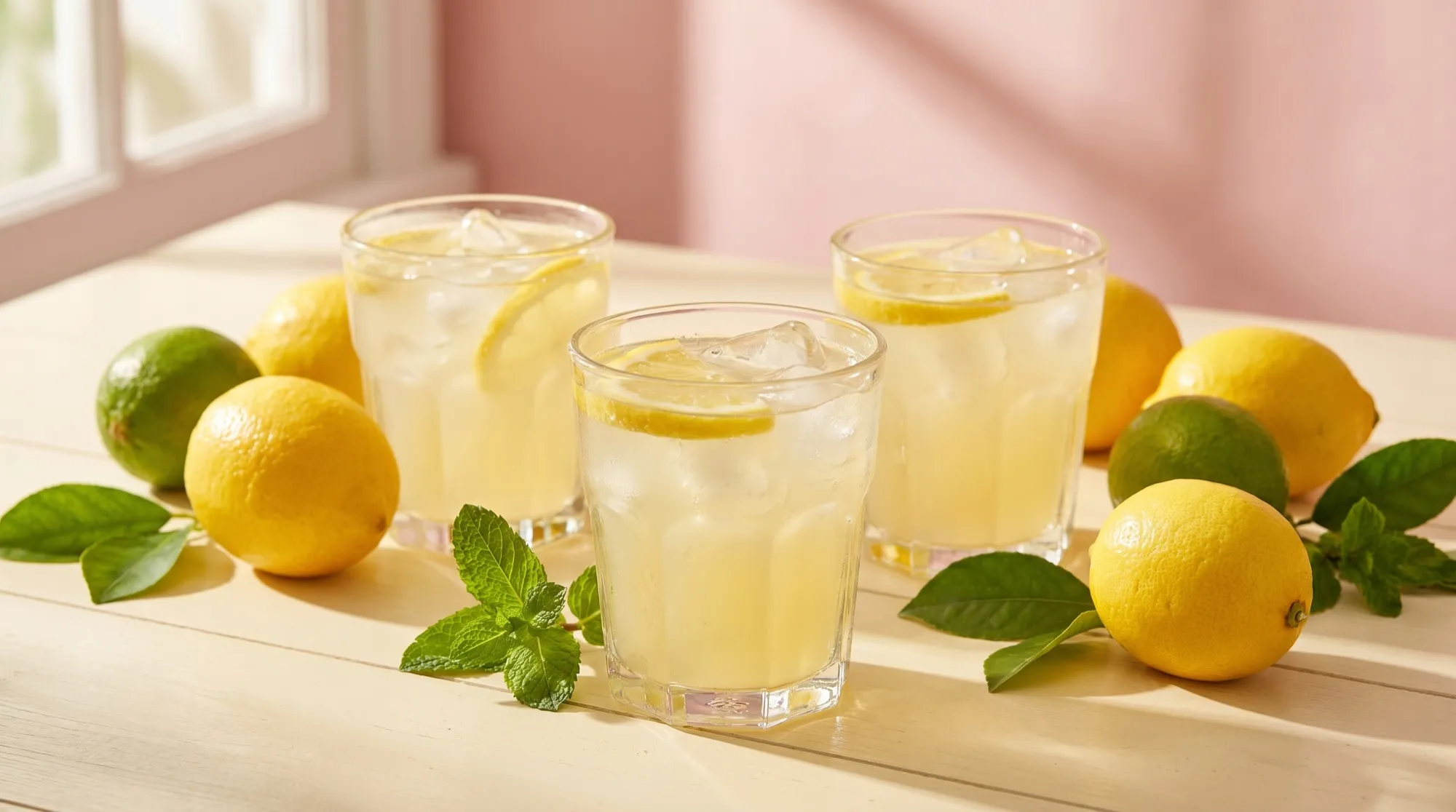 Glasses of fresh homemade lemonade over ice with whole lemons, limes and mint on a sunlit table.